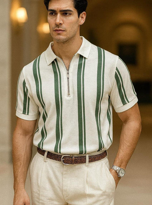 Vertical Stripe Zip Polo Shirt